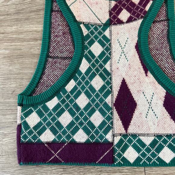 Free People Camilla Button Down Vest Plum Pine Combo Argyle Plaid Print (Sz S) - Picture 10 of 10